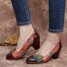 SOCOFY Vintage Butterfly Embossed Floral Leather Splicing Stitching Slip  on Chunky Heel Pumps