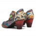 SOCOFY Retro Leather Floral Splicing Snakeskin Round Toe Chunky Heel Pumps