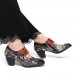 SOCOFY Retro Flower Printing Bead Buckle Strap Genuine Leather Low Heel Zipper Pumps