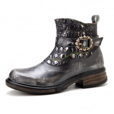 Socofy Women Retro Western Metal Buckle Design Side  zip Leather Short Boots