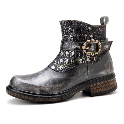 Socofy Women Retro Western Metal Buckle Design Side  zip Leather Short Boots