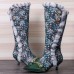 Socofy Women Vintage Leather Patchwork Plush Lace Floral Print Thin Heel High Boots