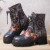 Socofy Women Retro Ethnic Style Slip Resistant Flowers Pattern Leather Mid  tube Boots