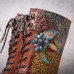 Socofy Women Retro Rub Color Three  dimensional Flowers Deco Mid  tube Boots