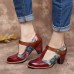 SOCOFY Retro Genuine Leather Flower Embossed Leaves T  strap Chunky Heel Pumps