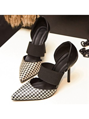 Women Plaid Stripe Check Pointed Toe Slip On High Heel Pumps