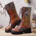 Socofy Women Retro Rub Color Three  dimensional Flowers Deco Mid  tube Boots