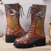 Socofy Women Retro Rub Color Three  dimensional Flowers Deco Mid  tube Boots