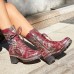 Socofy Retro Ethnic Floral Embroidered Genuine Leather Side  zip Comfy Chunky Heel Mid Calf Boots