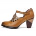 SOCOFY Vintage Leather Adjustable Buckle Strap Cut  out Burnished Chunky Heel Heels