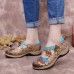 SOCOFY Retro Floral Genuine Leather Splicing Cross Strap Flowers Hook Loop Flat Shoes