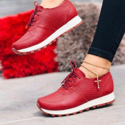 Large Size Women Lace  up Solid Color Casual Sneakers