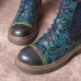 SOCOFY Women Retro Floral Print Genuine Leather Embossing Lace Up Ankle Boots