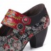 SOCOFY Retro Flower Printing Bead Buckle Strap Genuine Leather Low Heel Zipper Pumps