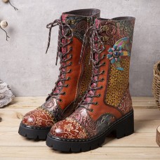 Socofy Women Retro Rub Color Three  dimensional Flowers Deco Mid  tube Boots