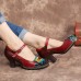 SOCOFY Vintage Leather Butterfly Splicing Cutouts Buckle Strap Chunky Heel Pumps