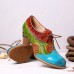 SOCOFY Retro Splicing Embossed Leaves Genuine Leather Zipper Pumps