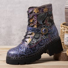 Socofy Women Retro Ethnic Style Rub Color Side  zip Embroidery Leather Mid  tube Boots