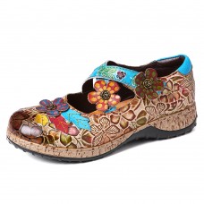 SOCOFY Retro Floral Genuine Leather Splicing Cross Strap Flowers Hook Loop Flat Shoes