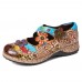 SOCOFY Retro Floral Genuine Leather Splicing Cross Strap Flowers Hook Loop Flat Shoes