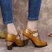 SOCOFY Vintage Leather Adjustable Buckle Strap Cut  out Burnished Chunky Heel Heels