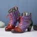 Socofy Genuine Leather Splicing Woolen Design Floral Colorblock Side  zip Comfy Chunky Heel Short Boots