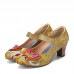 SOCOFY Butterfly Deocr Printed Cowhide Leather Hook Loop Comfy Wearable Chunky Heel Pumps