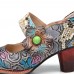 SOCOFY Retro Leather Floral Splicing Snakeskin Round Toe Chunky Heel Pumps