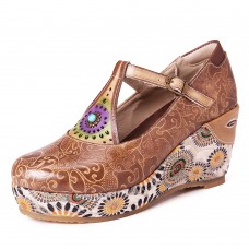 SOCOFY Retro Folkways Pattern Genuine Leather T Strap Adjustable Band Wedges Shoes