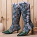 Socofy Women Vintage Leather Patchwork Plush Lace Floral Print Thin Heel High Boots