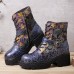 Socofy Women Retro Ethnic Style Rub Color Side  zip Embroidery Leather Mid  tube Boots