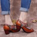 SOCOFY Vintage Genuine Leather Printed Splicing Buckle Strap Chunky Heel Pumps