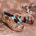 SOCOFY Retro Floral Genuine Leather Splicing Cross Strap Flowers Hook Loop Flat Shoes