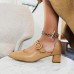Women Elegant Pointed Toe Solid Color Ankle Buckle Strap Slip On Chunky Heel Pumps