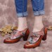 SOCOFY Vintage Genuine Leather Printed Splicing Buckle Strap Chunky Heel Pumps