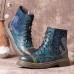 SOCOFY Women Retro Floral Print Genuine Leather Embossing Lace Up Ankle Boots