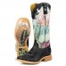 Women Retro Floral Print Square Toe Slip  on Cowboy Boots