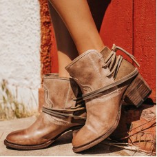 Large Size Women Casual Back Lace Up Chunky Heels Outdoor Retro Short Boots