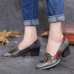 SOCOFY Retro Splicing Floral Leather Slip On Block Heel Pumps Dress Shoes