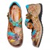 SOCOFY Retro Floral Genuine Leather Splicing Cross Strap Flowers Hook Loop Flat Shoes