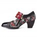 SOCOFY Retro Flower Printing Bead Buckle Strap Genuine Leather Low Heel Zipper Pumps