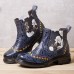 SOCOFY Women Leather Retro Floral Embossing Patchwork Stitching Ankle Boots