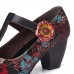 SOCOFY Retro Florals Embroidery Flowers Leather Low Heel T  strap Hook Loop Pumps