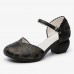 SOCOFY Retro Leather Embossed Floral Buckle Ankle Strap Block Heel D’orsay Pumps