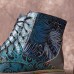 SOCOFY Women Retro Floral Print Genuine Leather Embossing Lace Up Ankle Boots