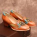 SOCOFY Retro Splicing Floral Leather Slip On Block Heel Pumps Dress Shoes