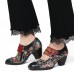 SOCOFY Retro Flower Printing Bead Buckle Strap Genuine Leather Low Heel Zipper Pumps