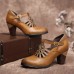 SOCOFY Vintage Leather Adjustable Buckle Strap Cut  out Burnished Chunky Heel Heels