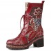 Socofy Retro Ethnic Floral Embroidered Genuine Leather Side  zip Comfy Chunky Heel Mid Calf Boots