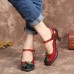 SOCOFY Vintage Leather Butterfly Splicing Cutouts Buckle Strap Chunky Heel Pumps